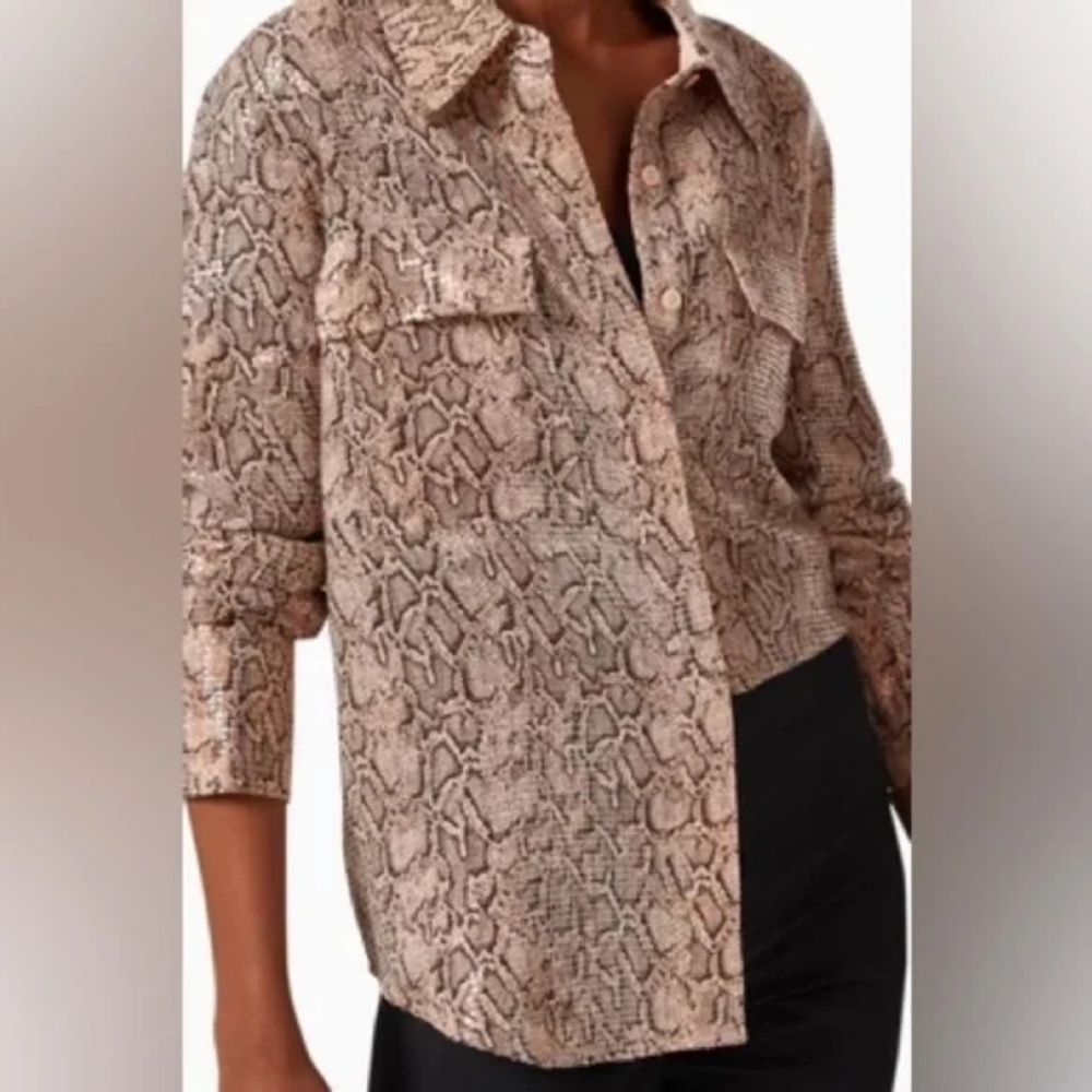 Good American Boa Glow Sheer Sequined Shirt Pink Multi Size 3 (Large)